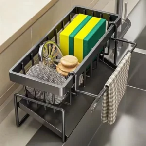Sink Caddy Organizer with Drain Tray and Towel Bar
