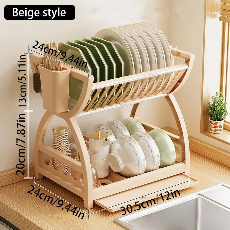 2-Tier Countertop Dish Storage Rack with Utensil Holder - Image 7