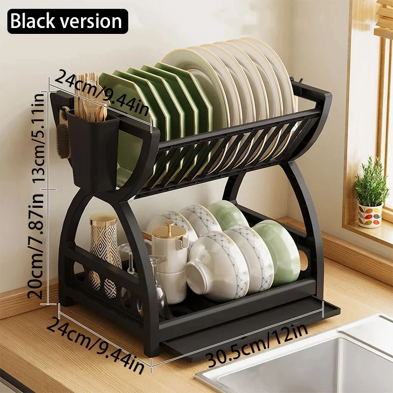 2-Tier Countertop Dish Storage Rack with Utensil Holder - Image 2