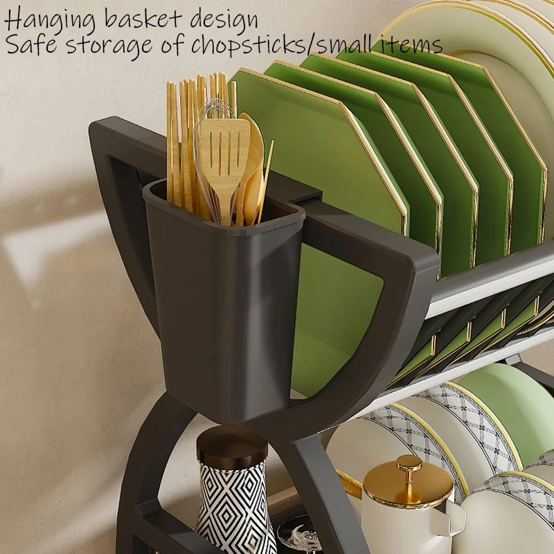 2-Tier Countertop Dish Storage Rack with Utensil Holder - Image 3
