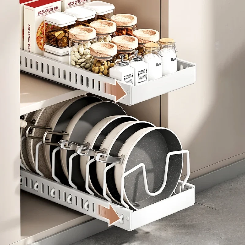 Pull-Out Pots and Pans Organizer Tray - Pull Out Kitchen Storage Tray with 8 Adjustable Dividers for Lids and Cookware - Image 2