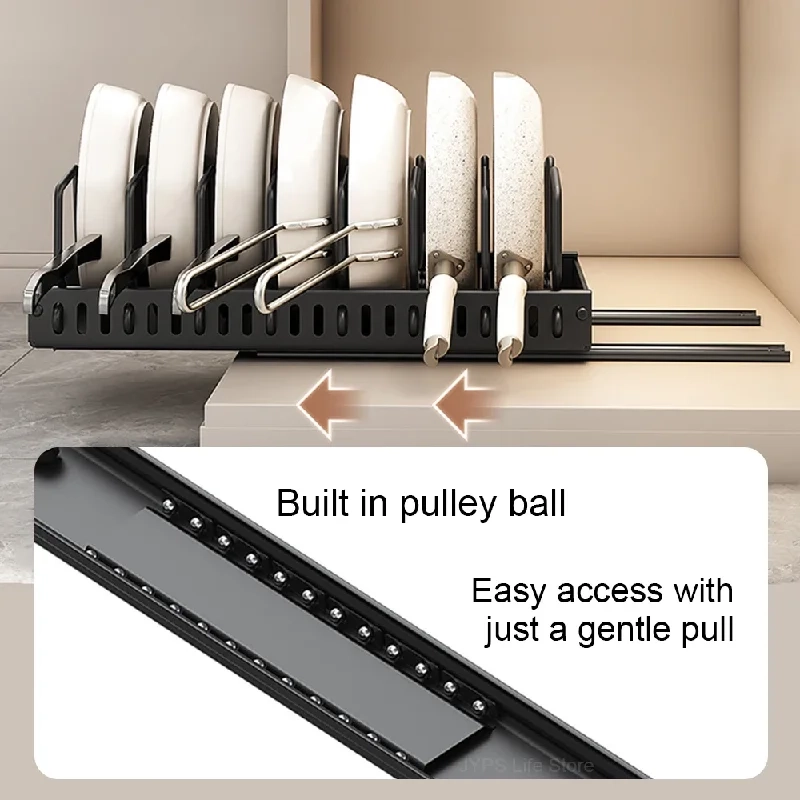 Pull-Out Pots and Pans Organizer Tray - Pull Out Kitchen Storage Tray with 8 Adjustable Dividers for Lids and Cookware - Image 4