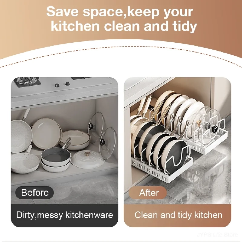 Pull-Out Pots and Pans Organizer Tray - Pull Out Kitchen Storage Tray with 8 Adjustable Dividers for Lids and Cookware - Image 5