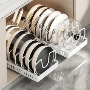 Pull-Out Pots and Pans Organizer Tray - Pull Out Kitchen Storage Tray with 8 Adjustable Dividers for Lids and Cookware