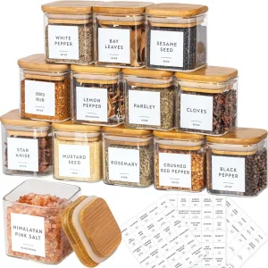 Square Glass Spice Jar Set with Bamboo Lids