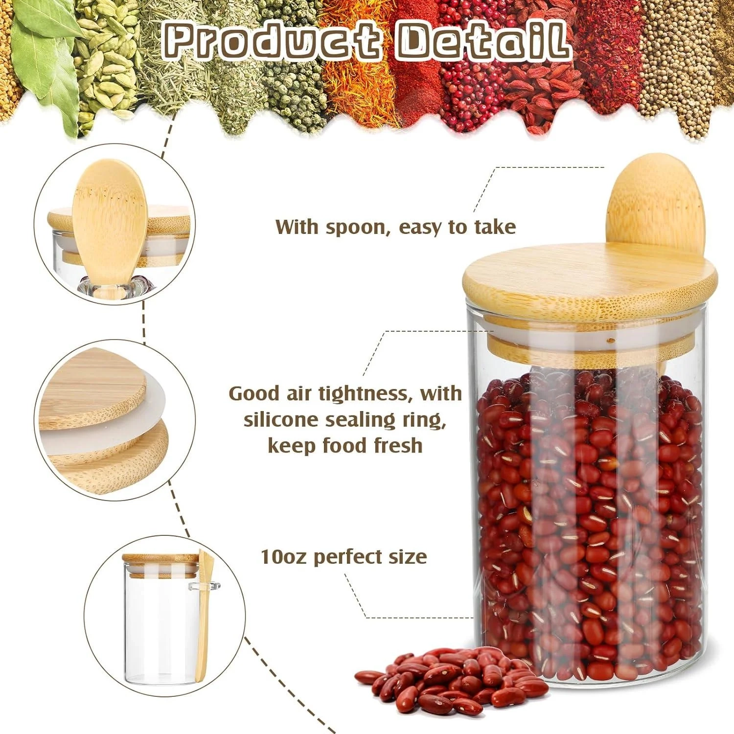 Glass Storage Jar with Bamboo Lid and Spoon - Image 3
