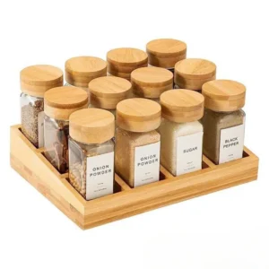 Glass Spice Jar Set with Bamboo Lids and Wood Tray