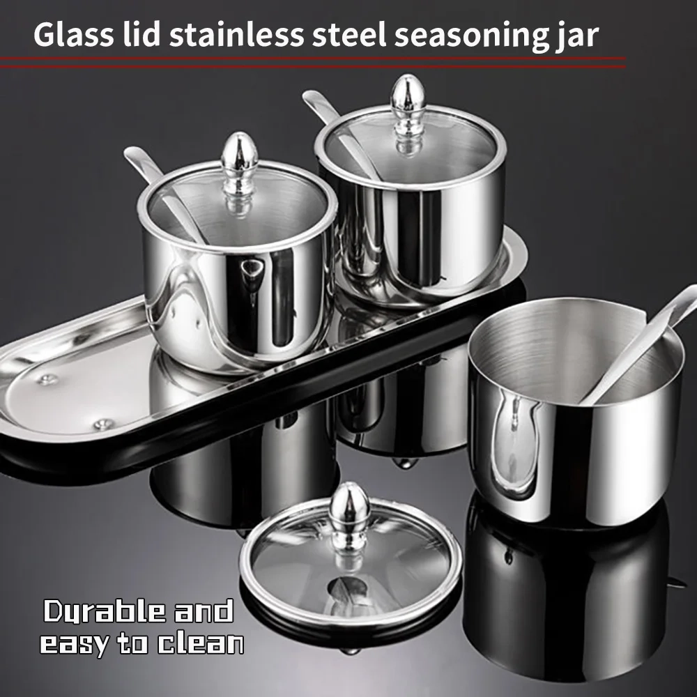Stainless Steel Seasoning Jar with Glass Lid and Spoon - Image 2