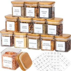 Square Glass Spice Jar Set with Bamboo Lids
