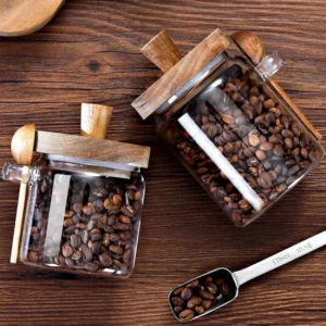 Airtight Glass Storage Jar with Wooden Lid and Scoop