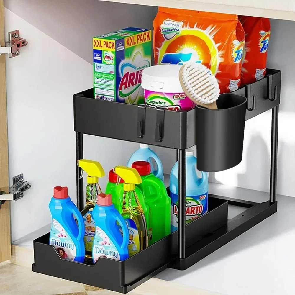 2 Tier Sliding Under Sink Organizer with Hooks - Image 7