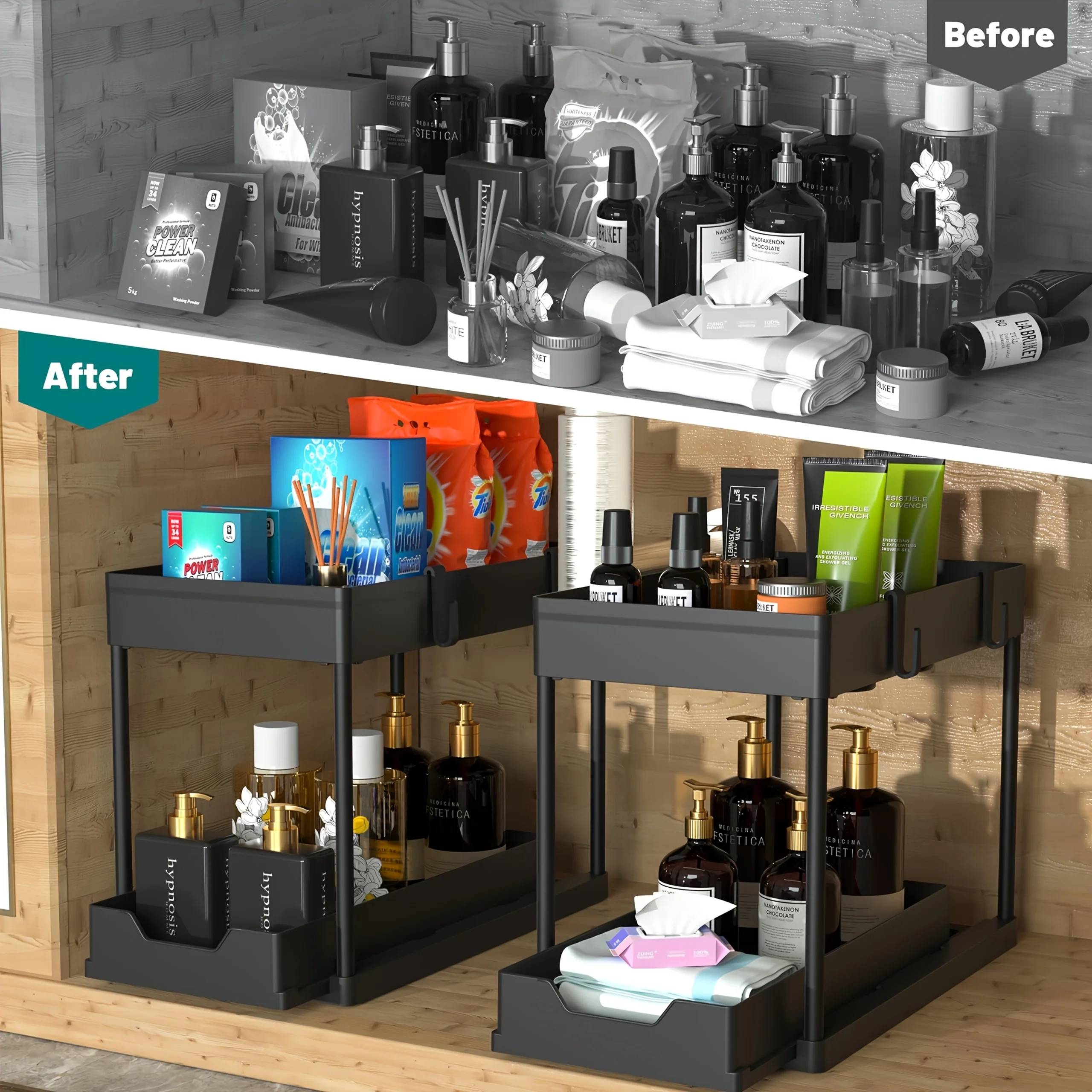 2 Tier Sliding Under Sink Organizer with Hooks - Image 2