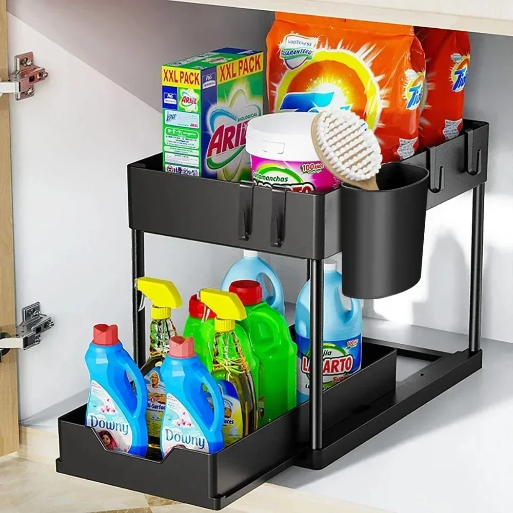 2 Tier Sliding Under Sink Organizer with Hooks - Image 3
