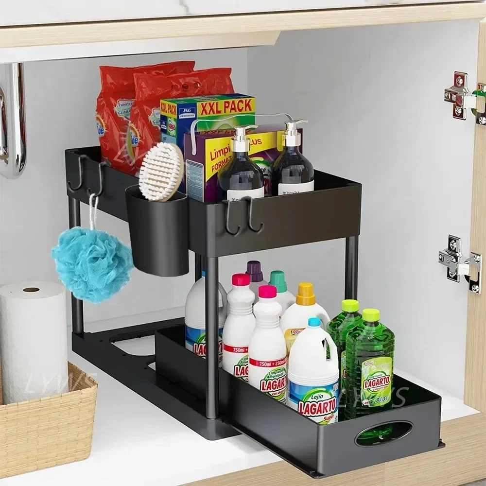 2 Tier Sliding Under Sink Organizer with Hooks - Image 4