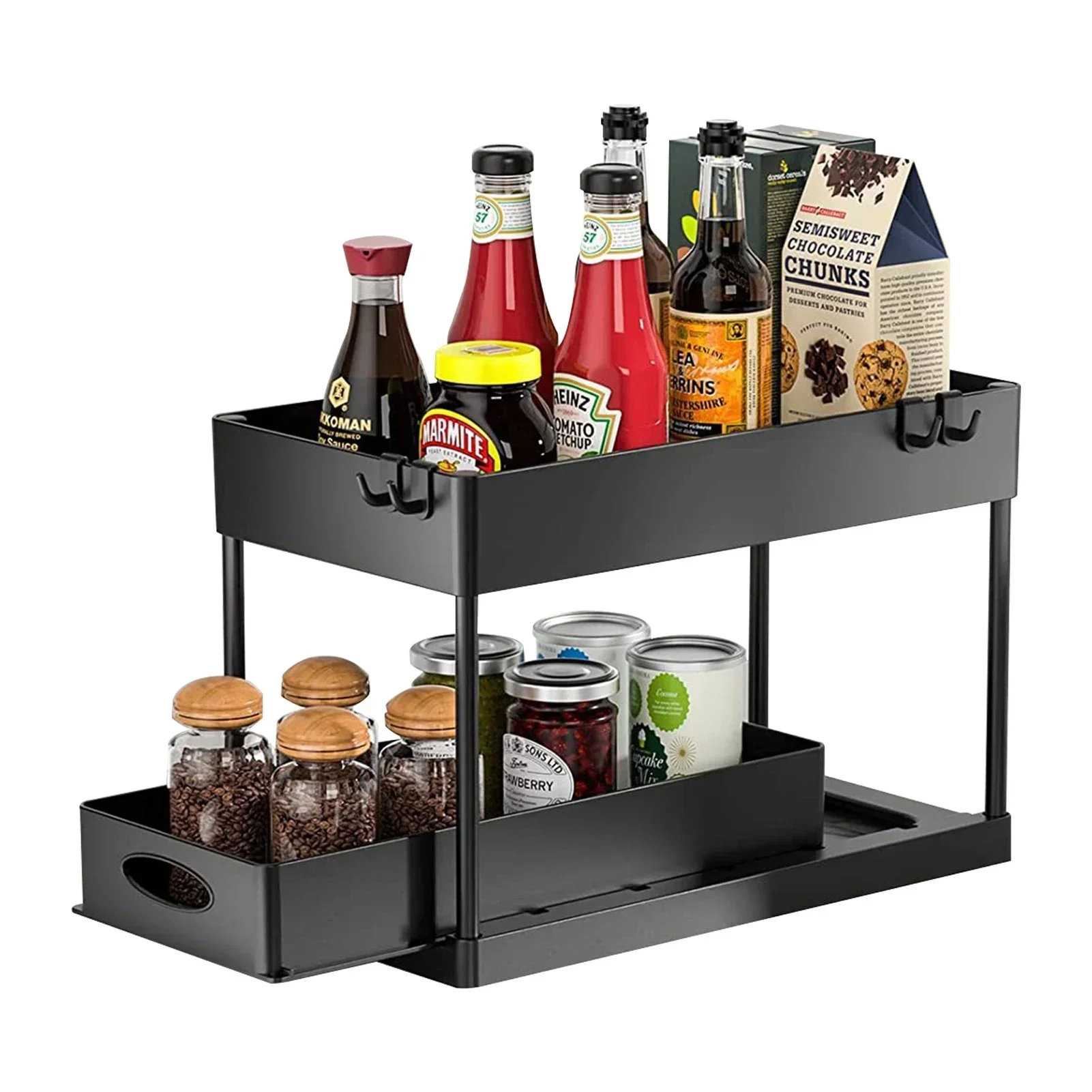 2 Tier Sliding Under Sink Organizer with Hooks - Image 5