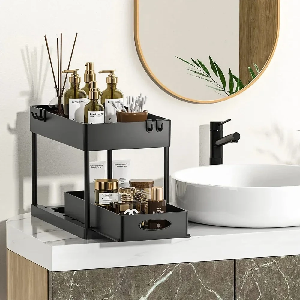 2 Tier Sliding Under Sink Organizer with Hooks - Image 6