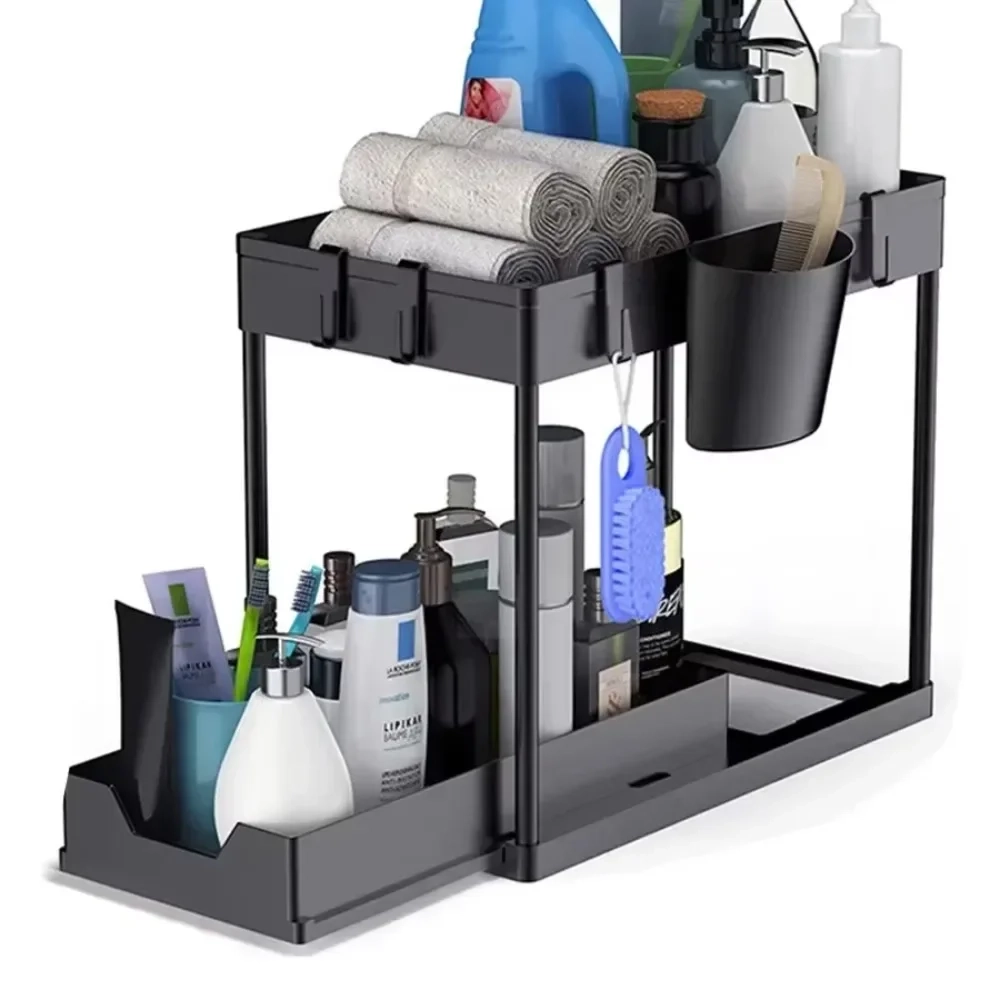 2 Tier Sliding Under Sink Organizer with Hooks - Image 8