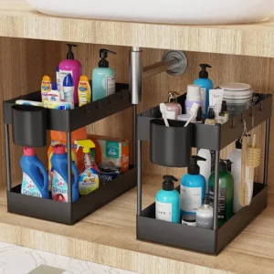 2 Tier Sliding Under Sink Organizer with Hooks